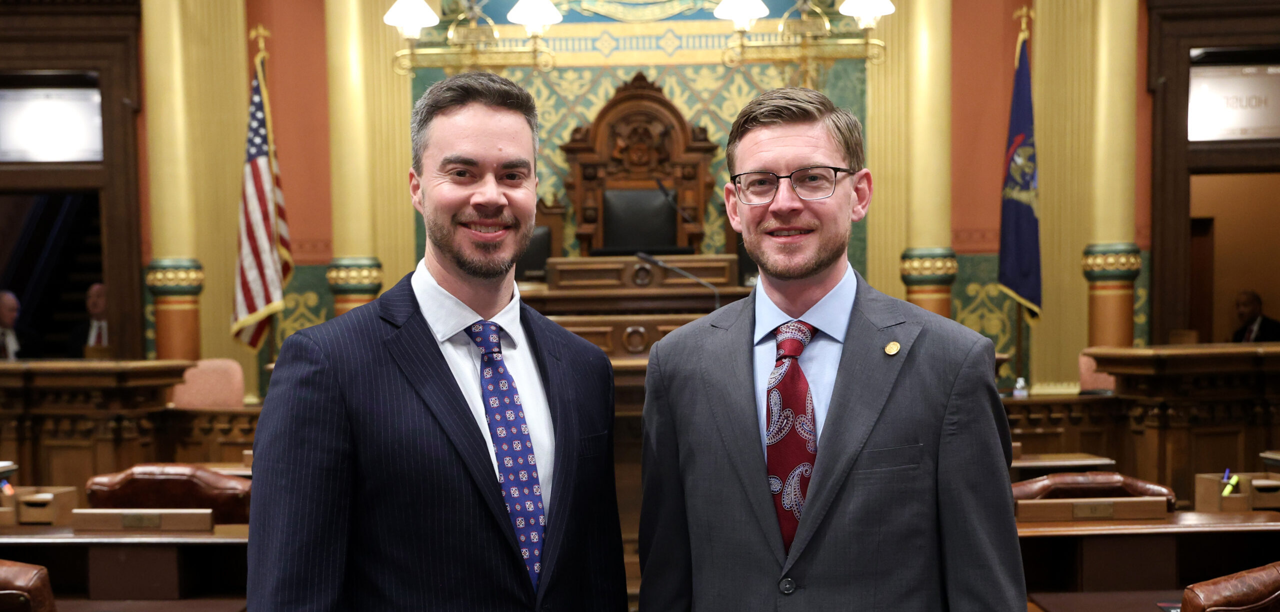 State Rep. Peter Herzberg and his guest, Kevin Colman, Mayor of Westland, on the House floor on Wednesday, Feb. 26, 2025, at the Capitol Building in Lansing.