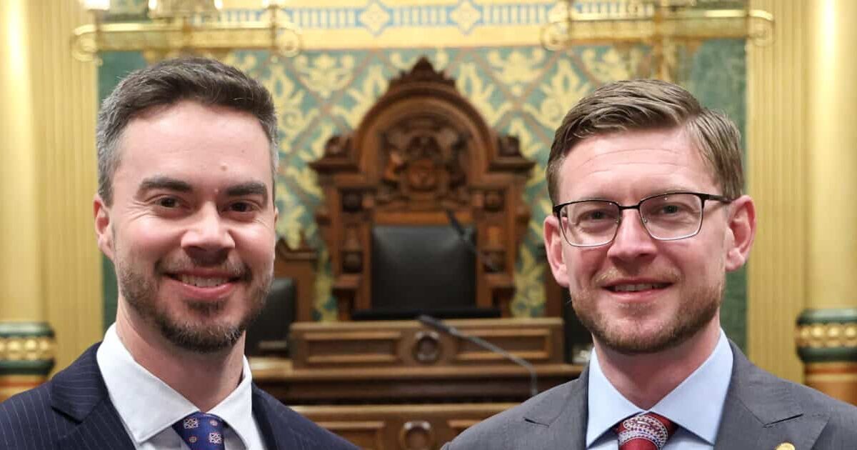 State Rep. Peter Herzberg and his guest, Kevin Colman, Mayor of Westland, on the House floor on Wednesday, Feb. 26, 2025, at the Capitol Building in Lansing.