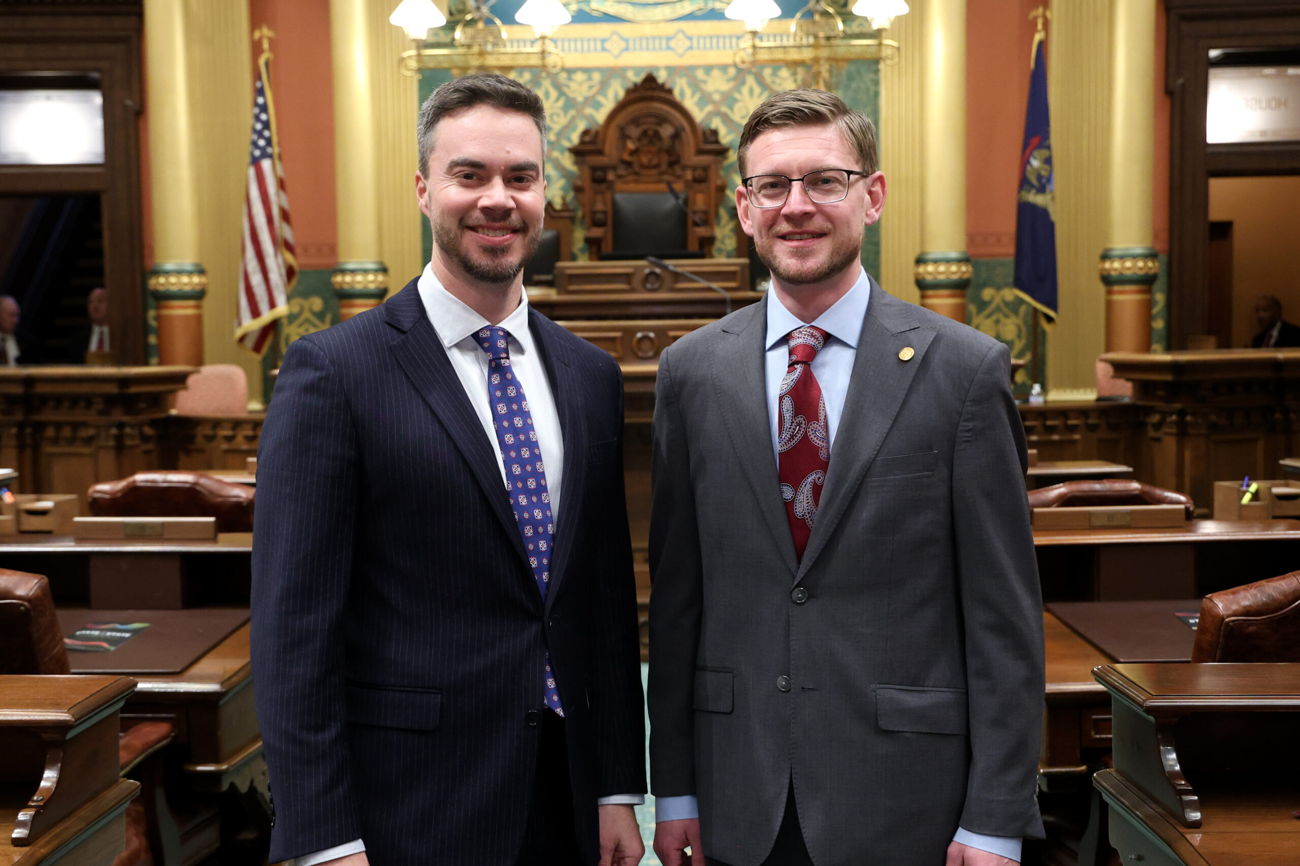 State Rep. Peter Herzberg and his guest, Kevin Colman, Mayor of Westland, on the House floor on Wednesday, Feb. 26, 2025, at the Capitol Building in Lansing.