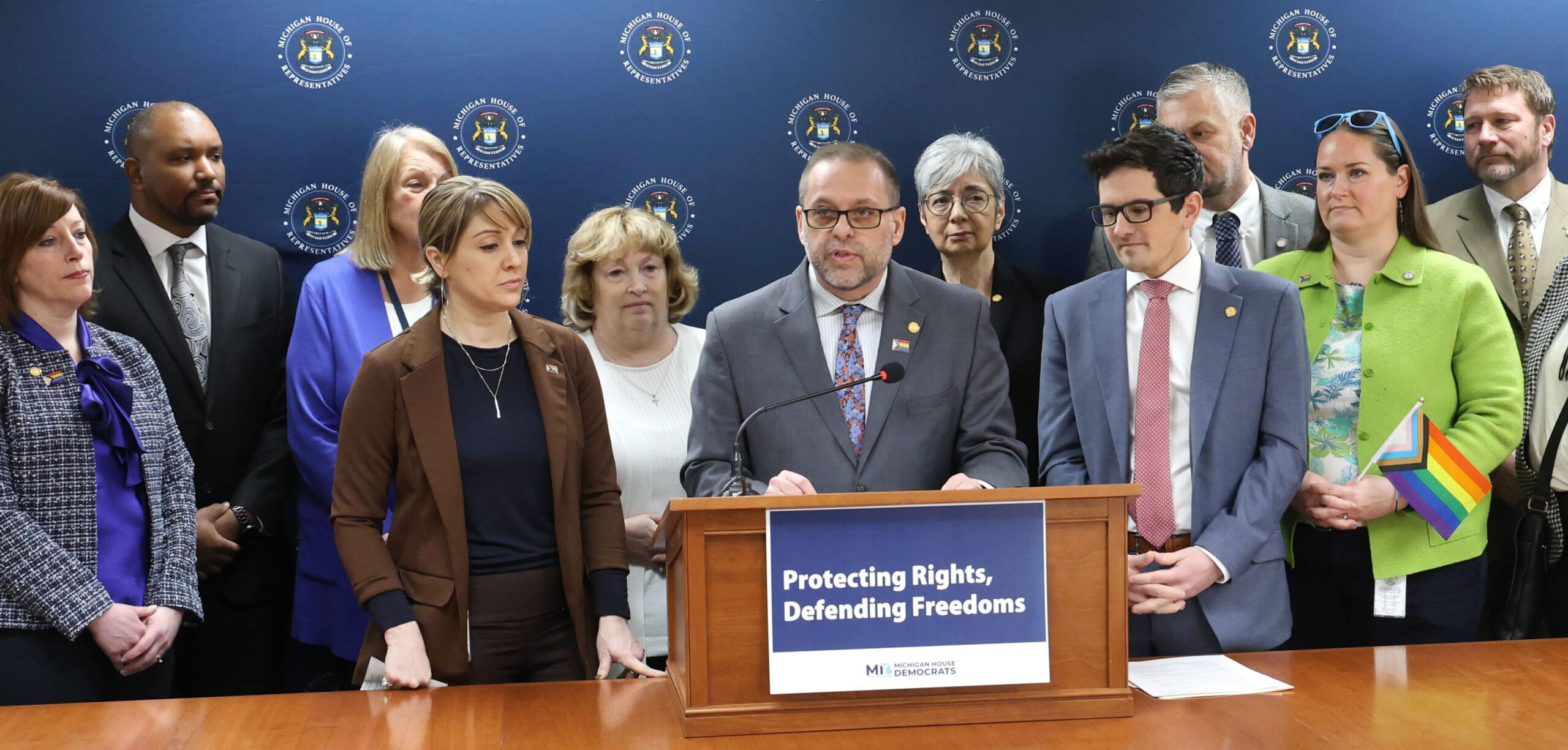 House Democrats standing at their Protecting Rights, Defending Freedoms press conference on Tuesday, Feb. 25, 2025, at the Anderson House Office Building in Lansing.