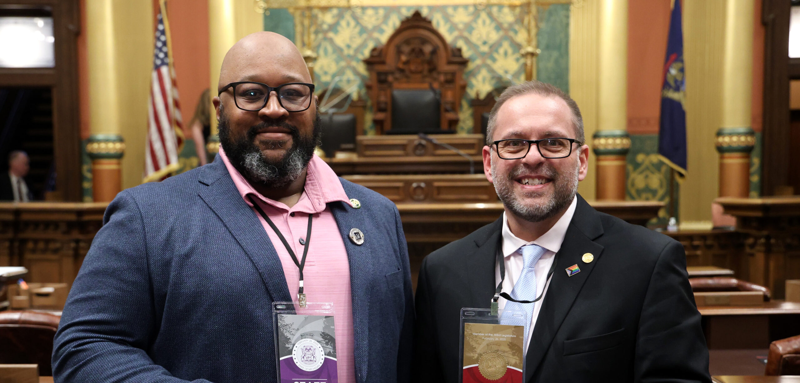 State Rep. Mike McFall (D-Hazel Park) and his guest, Quinn Wright, Madison Heights City Council member, on the House floor on Wednesday, Feb. 26, 2025, at the Capitol Building in Lansing.