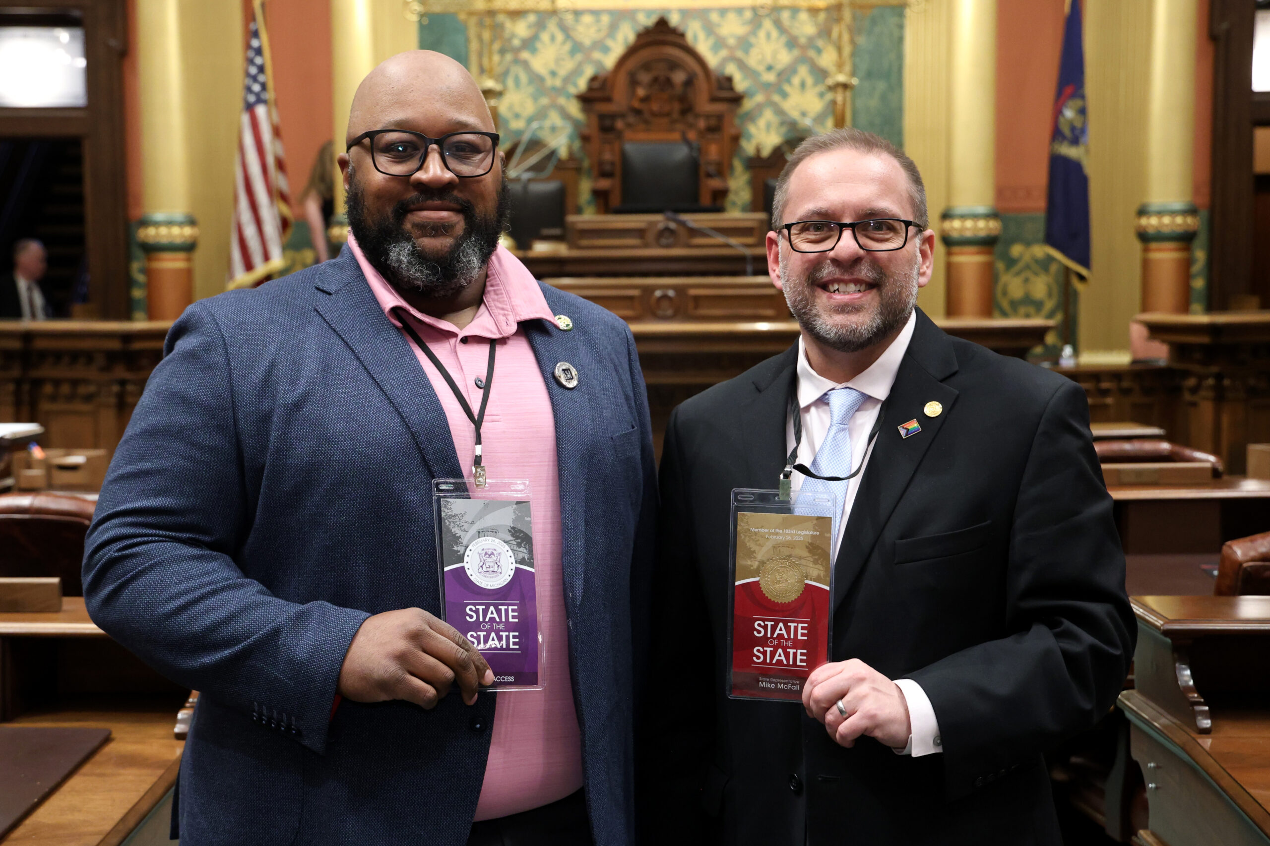 State Rep. Mike McFall (D-Hazel Park) and his guest, Quinn Wright, Madison Heights City Council member, on the House floor on Wednesday, Feb. 26, 2025, at the Capitol Building in Lansing.
