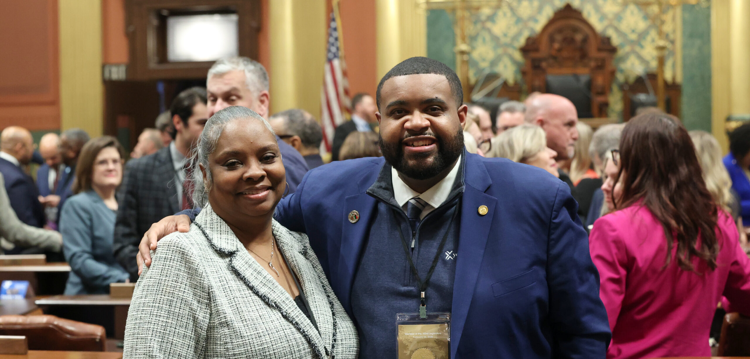 State Rep. Donavan McKinney (D-Detroit) and his guest, Ravina Turner, on the House floor on Wednesday, Feb. 26, 2025, at the Capitol Building in Lansing.