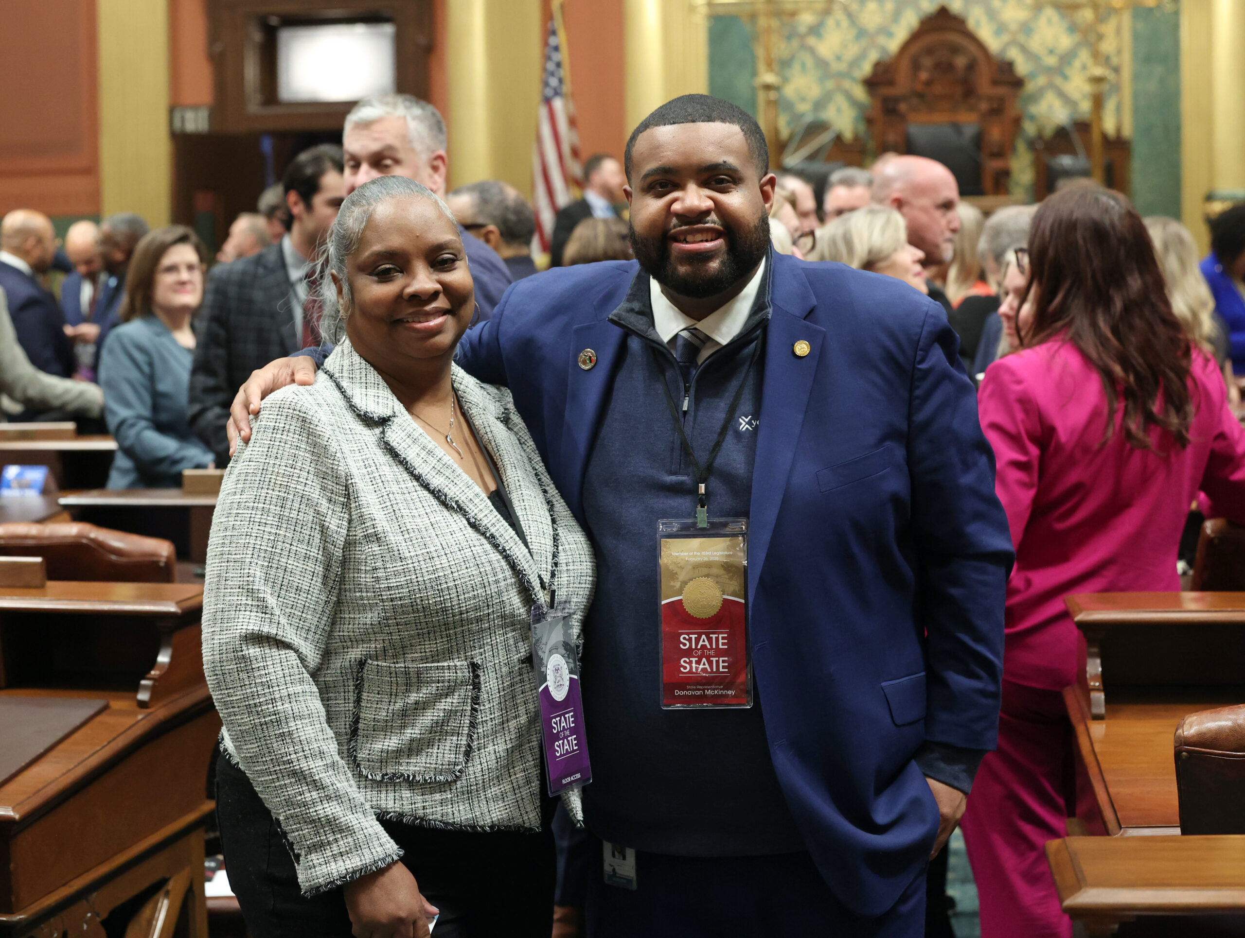 State Rep. Donavan McKinney (D-Detroit) and his guest, Ravina Turner, on the House floor on Wednesday, Feb. 26, 2025, at the Capitol Building in Lansing.