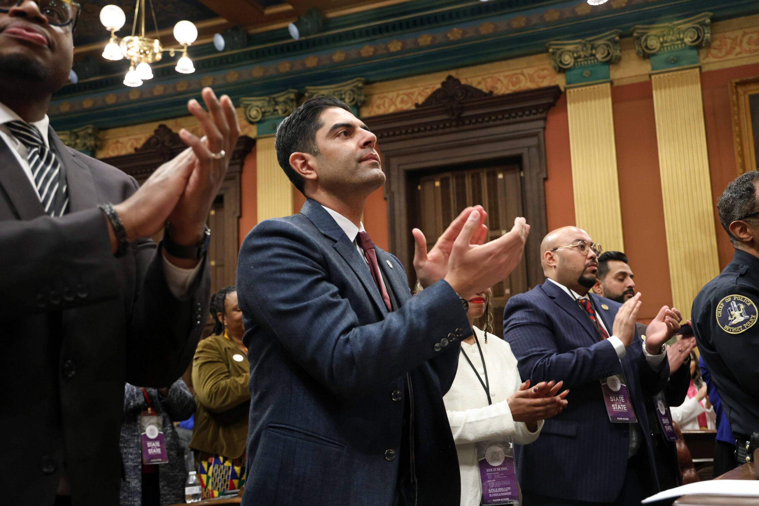 Michigan House Democratic Leader Ranjeev Puri claps on the House floor of the Michigan Capitol in Lansing on February 26, 2025.