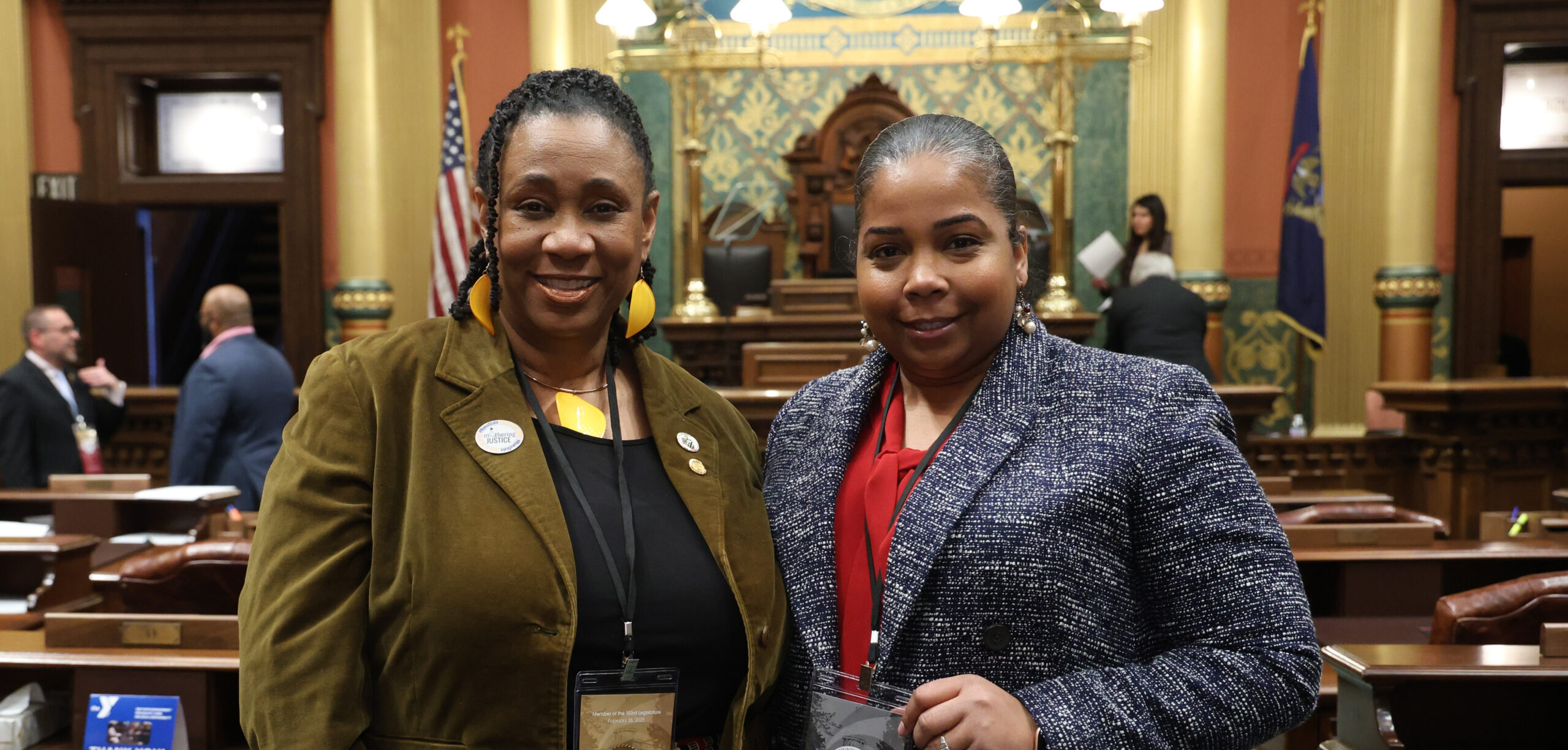 State Rep. Stephanie A. Young (D-Detroit) and her guest, LaTrice McClendon, on the House floor on Wednesday, Feb. 26, 2025, at the Capitol Building in Lansing.