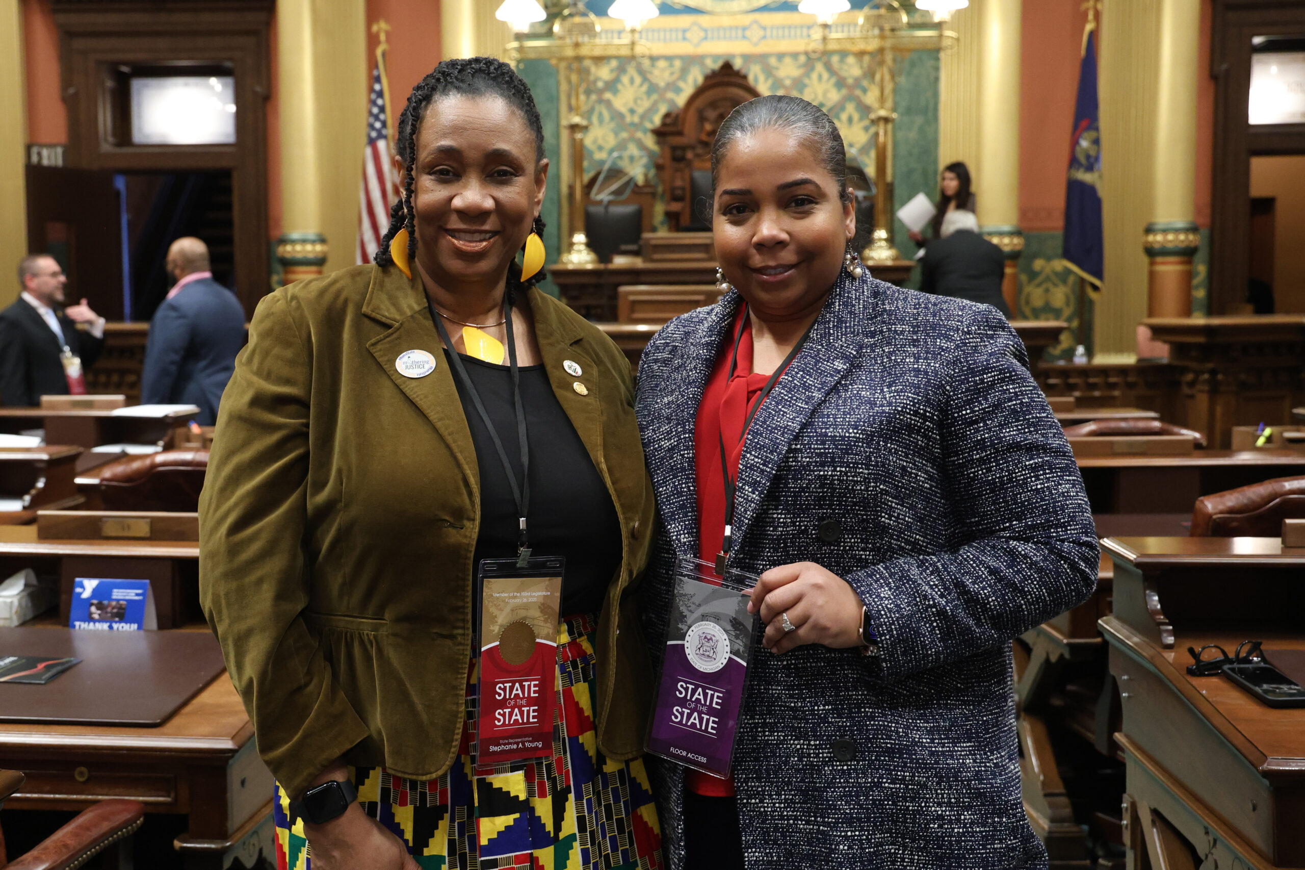 State Rep. Stephanie A. Young (D-Detroit) and her guest, LaTrice McClendon, on the House floor on Wednesday, Feb. 26, 2025, at the Capitol Building in Lansing.