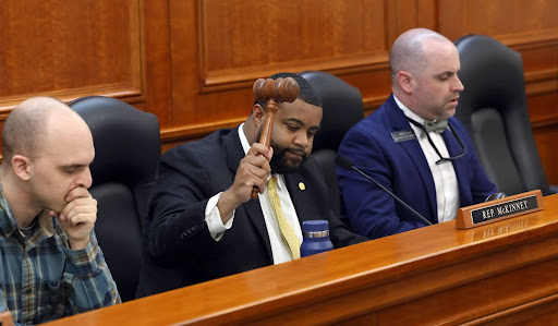 State Rep. Donavan McKinney chairing the House Appropriations Subcommittee on Environment on Tuesday, April 9, 2024, at the Anderson House Office Building in Lansing.