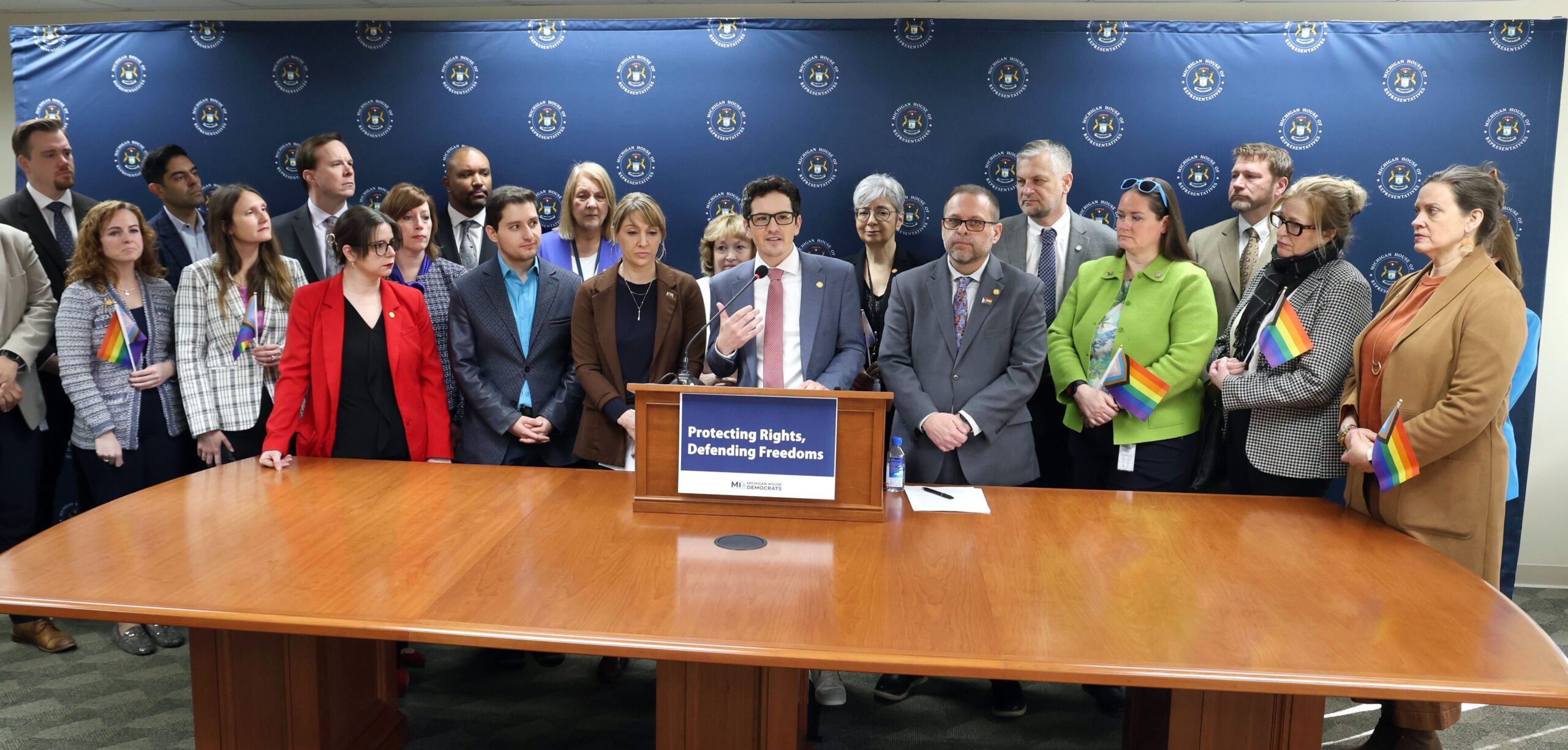 Michigan State Representative Jason Morgan speaking at the Protecting Rights, Defending Freedoms press conference on Tuesday, Feb. 25, 2025 at the Anderson House Office Building in Lansing.