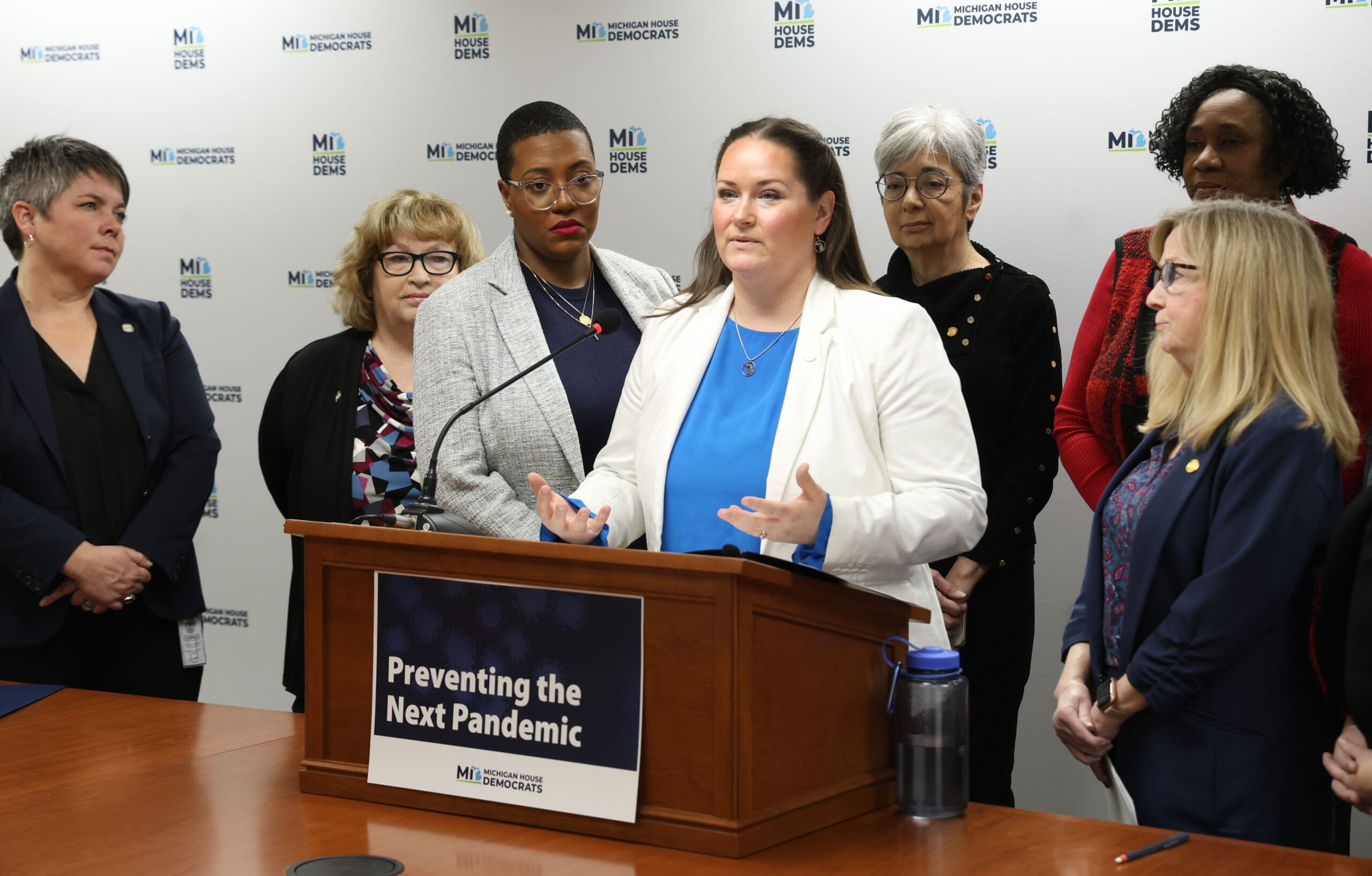 Michigan State Representative Carrie Rheingans speaks at a press conference.