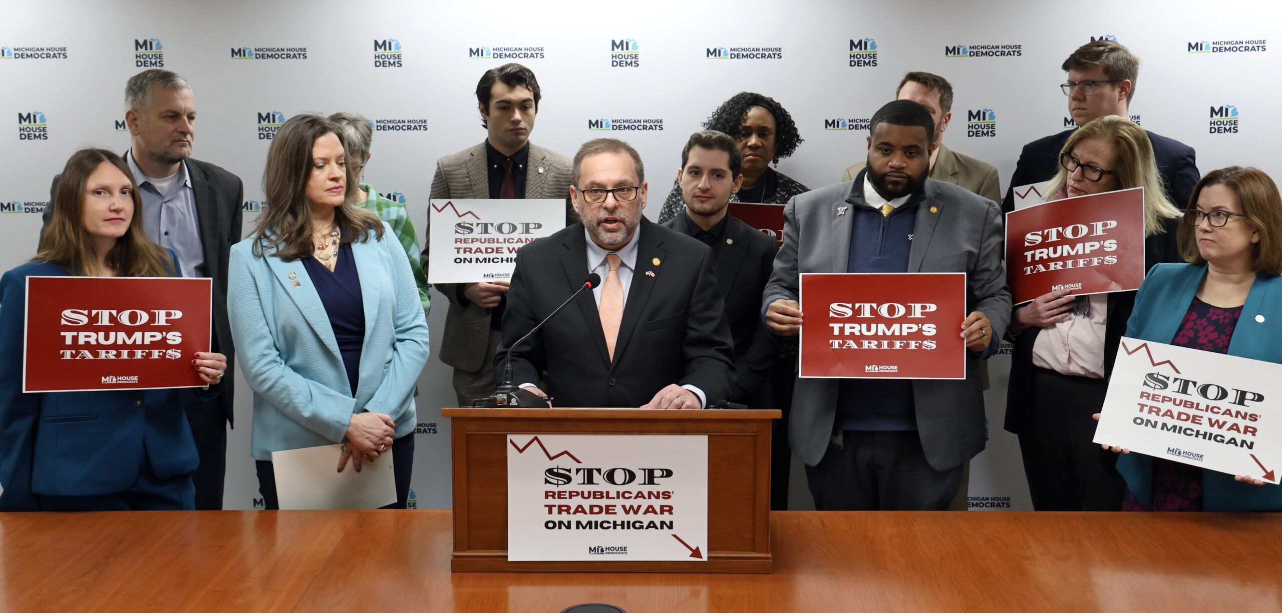 State Rep. Mike McFall speaking at the Stop Trump’s Tariffs media availability event on Thursday, March 6, 2025, at the Anderson House Office Building in Lansing.