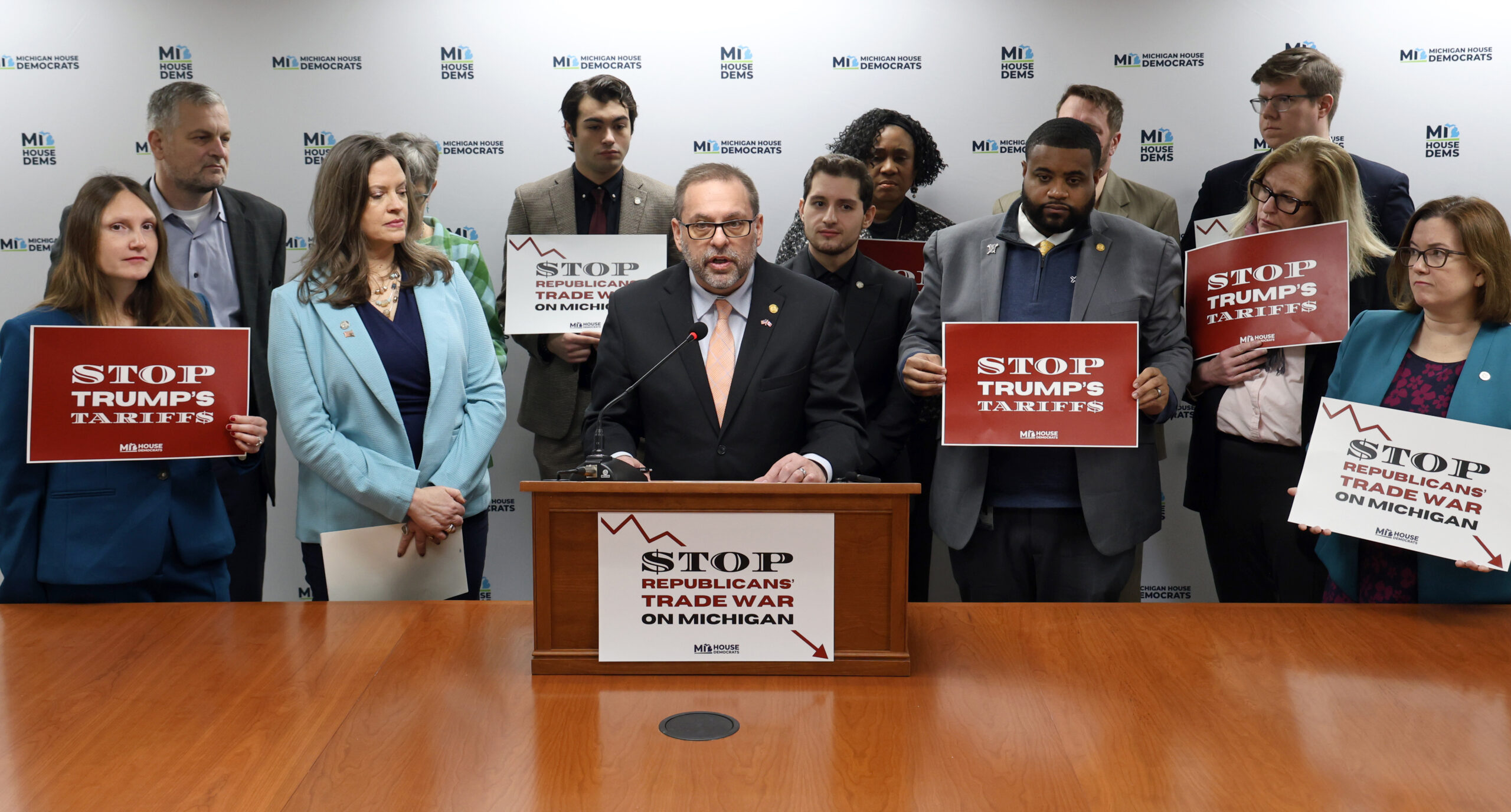 State Rep. Mike McFall speaking at the Stop Trump’s Tariffs media availability event on Thursday, March 6, 2025, at the Anderson House Office Building in Lansing.