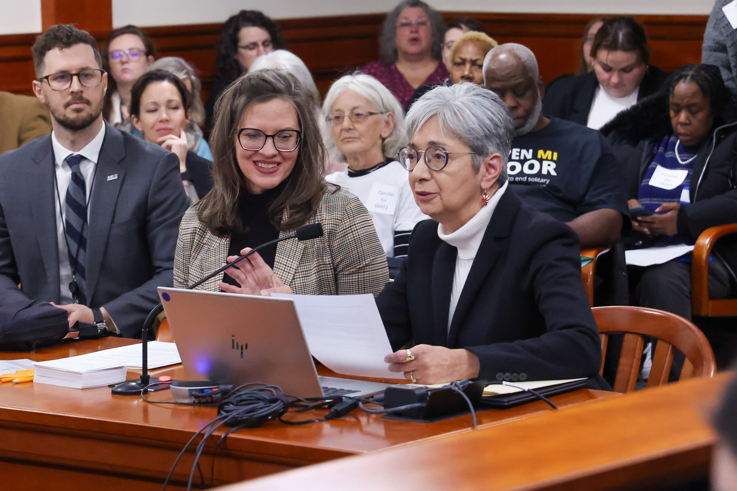 Michigan State Representatives Carol Glanville and Veronica Paiz testify in a House committee.