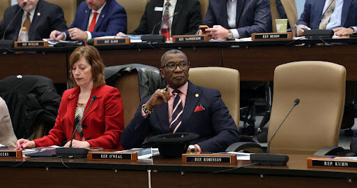 State Rep. Amos O’Neal, chair of the Michigan Legislative Black Caucus, sitting in a joint session of the House and Senate Appropriations Committee on Wednesday, Feb. 5, 2025.