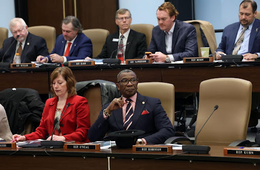 State Rep. Amos O’Neal, chair of the Michigan Legislative Black Caucus, sitting in a joint session of the House and Senate Appropriations Committee on Wednesday, Feb. 5, 2025.