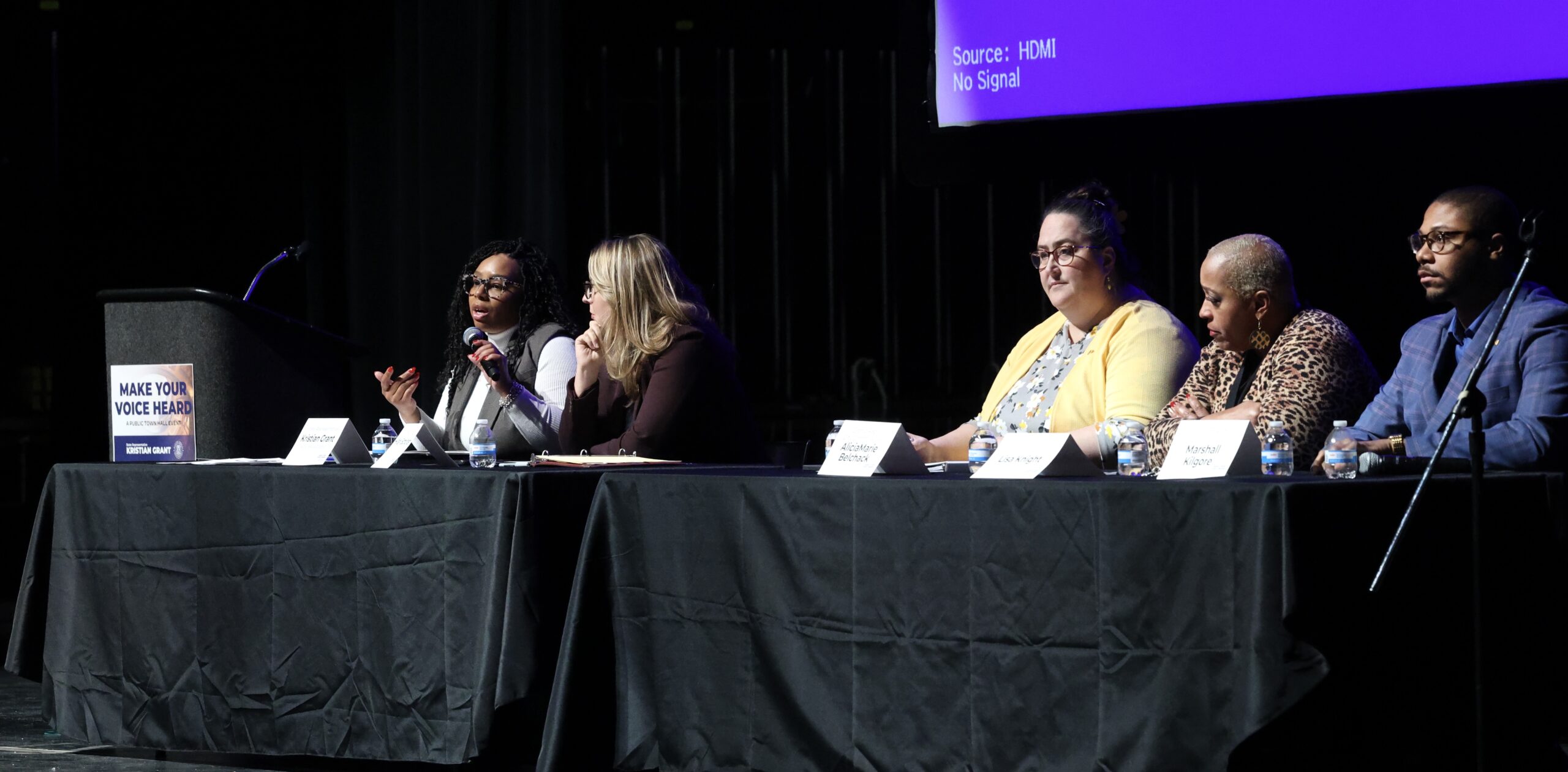 State Rep. Kristian Grant speaking at her “Make Your Voice Heard” Town Hall Event on Thursday, April 3, 2025, in Grand Rapids.
