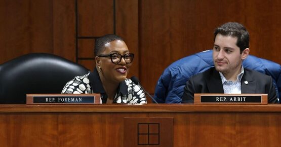 State Rep. Morgan Foreman (D-Pittsfield Twp.) speaks into a microphone while sitting at a dais at a committee meeting. Rep. Noah Arbit looks on at right.