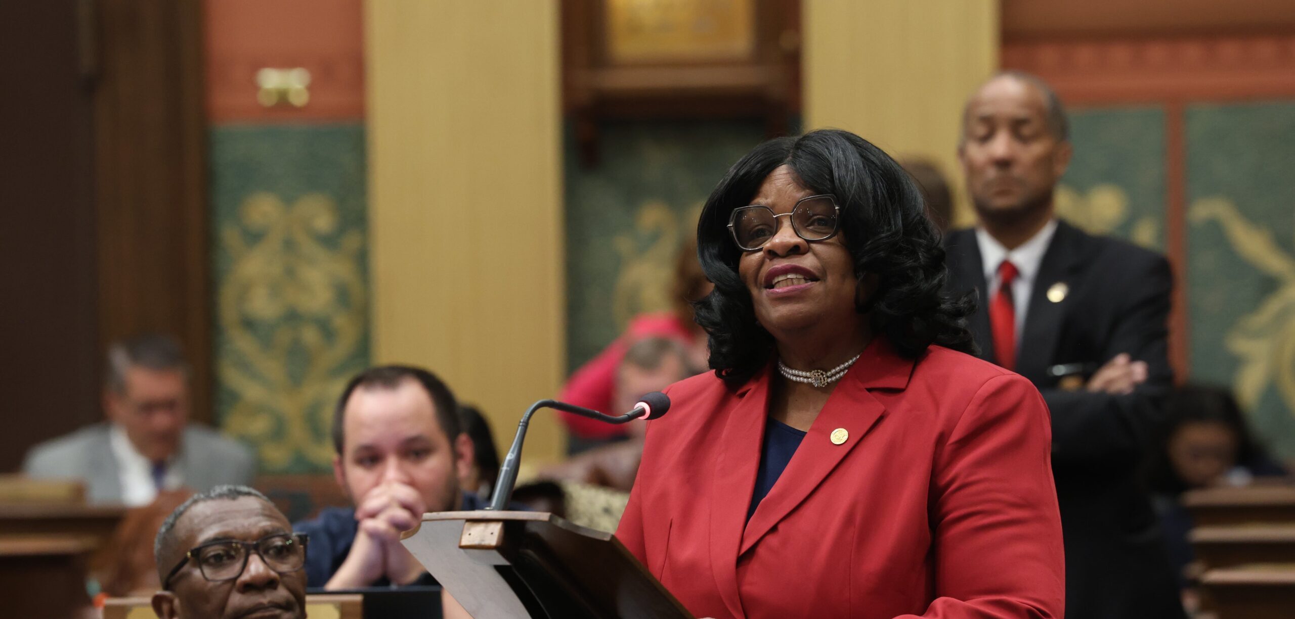 State Rep. Brenda Carter (D-Pontiac) speaks on the House floor on Wednesday, April 30, 2025, at the Capitol Building in Lansing.