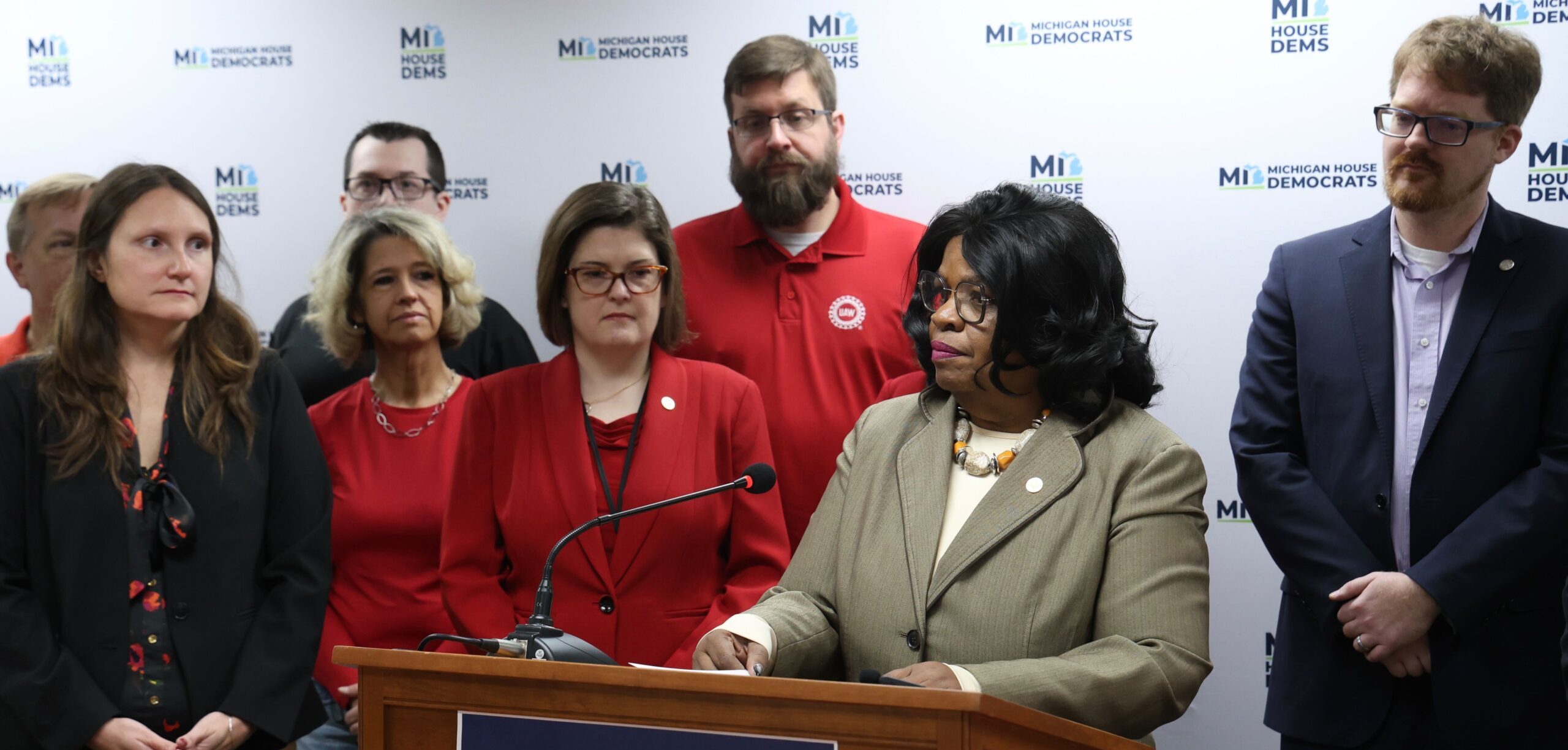 State Rep. Brenda Carter speaking at the International Workers’ Day Press Conference on Thursday, May 1, 2025, at the Anderson House Office Building in Lansing.