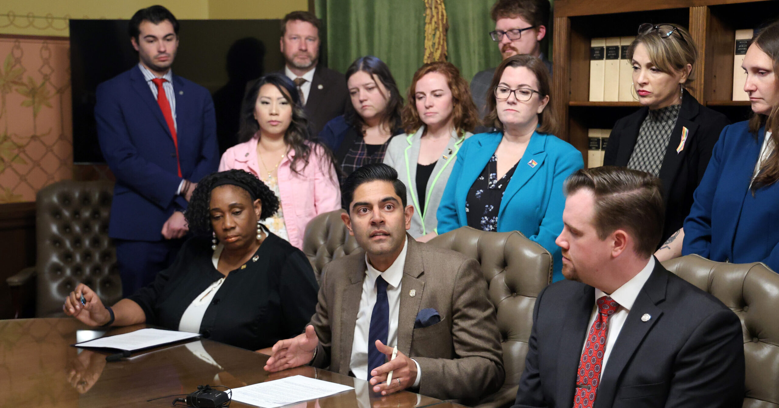 Democratic Leader Ranjeev Puri with House Democrats speaking at a press conference.