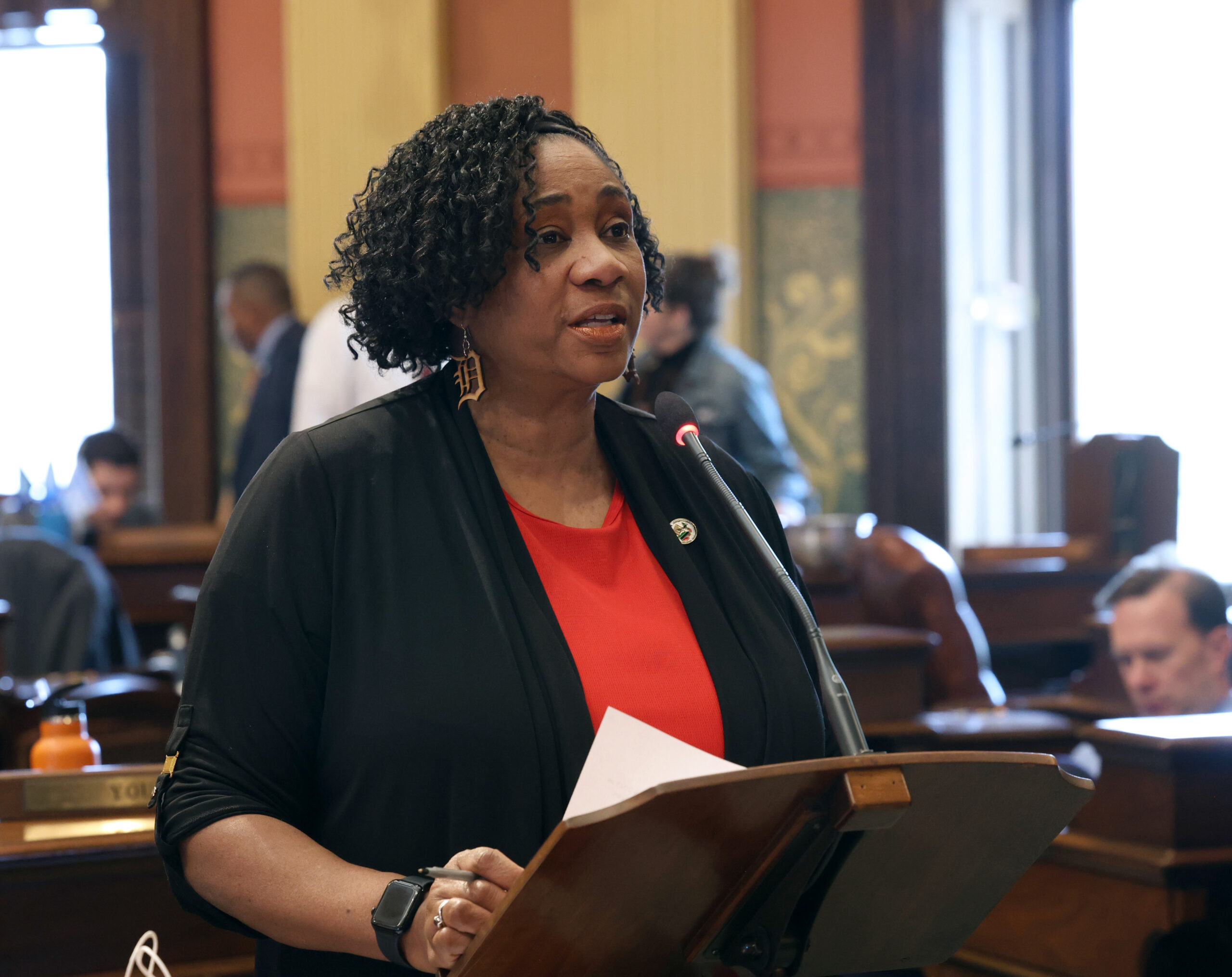 State Rep. Stephanie A. Young speaking on the House floor on Wednesday, May 7, 2025, at the Capitol Building in Lansing.