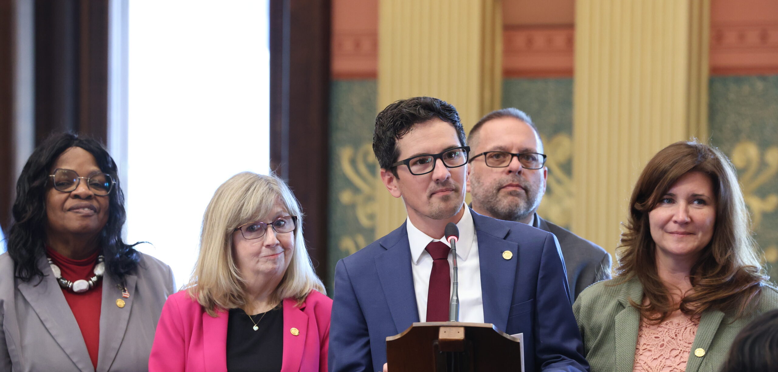 State Rep. Jason Morgan speaking in support of his resolution on Thursday, May 7, 2025, at the Capitol Building in Lansing.