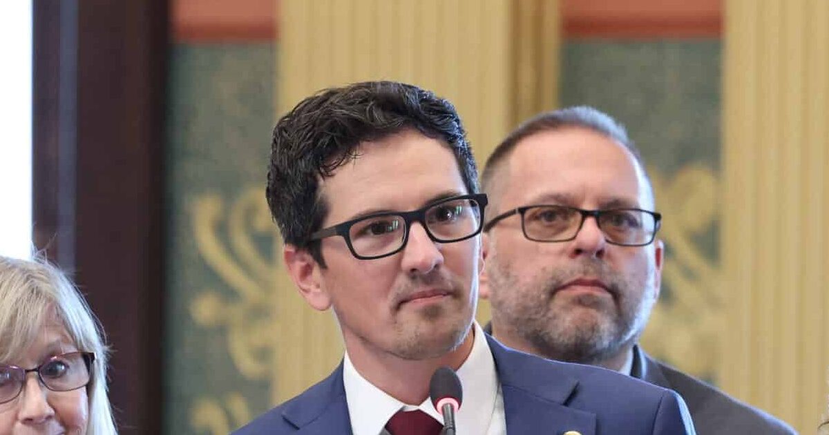 State Rep. Jason Morgan speaking in support of his resolution on Thursday, May 7, 2025, at the Capitol Building in Lansing.