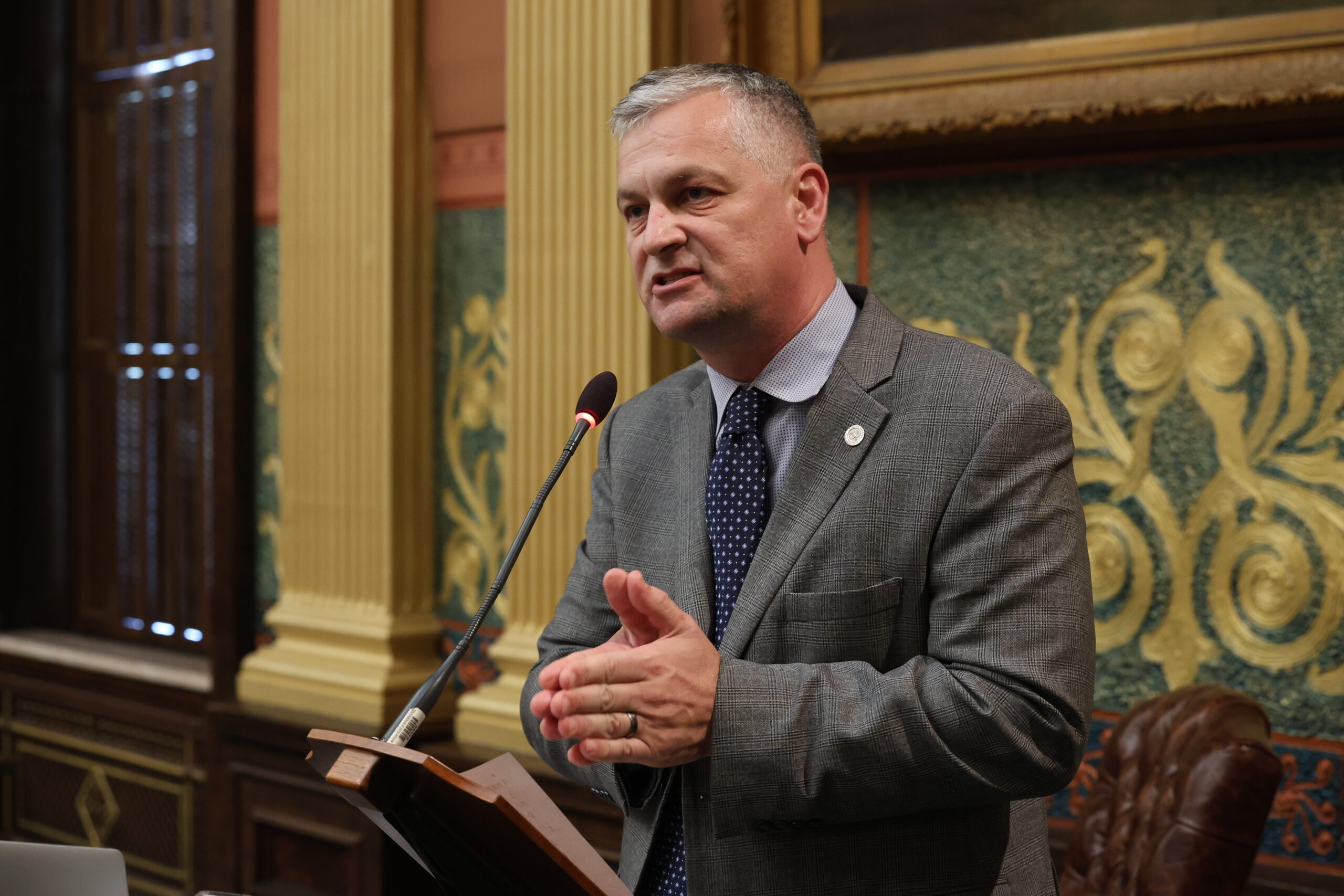 State Rep. Phil Skaggs (D-Grand Rapids) speaking on the House floor at the Capitol Building in Lansing. 