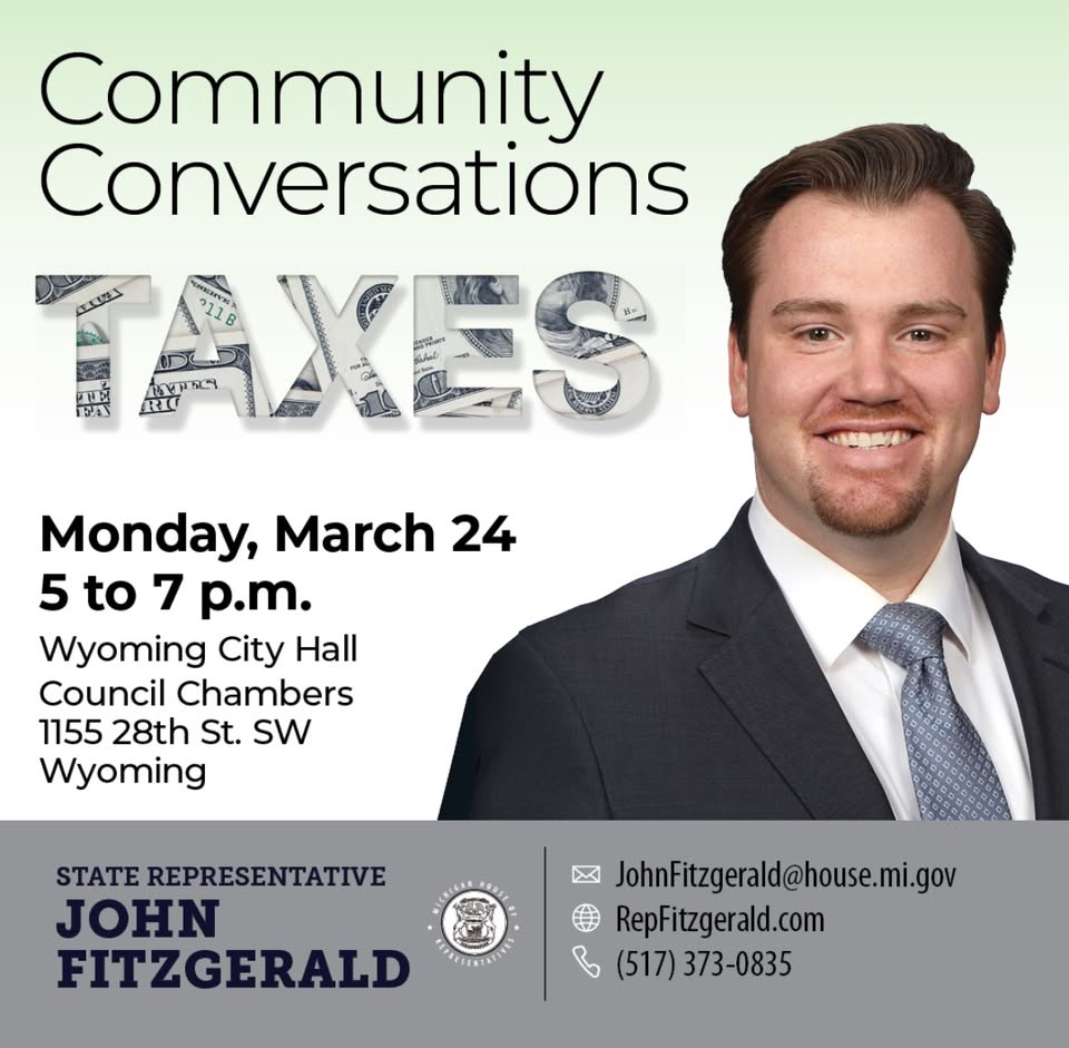 A graphic advertising Michigan state Representative John Fitzgerald's Community Conversation for tax season.
