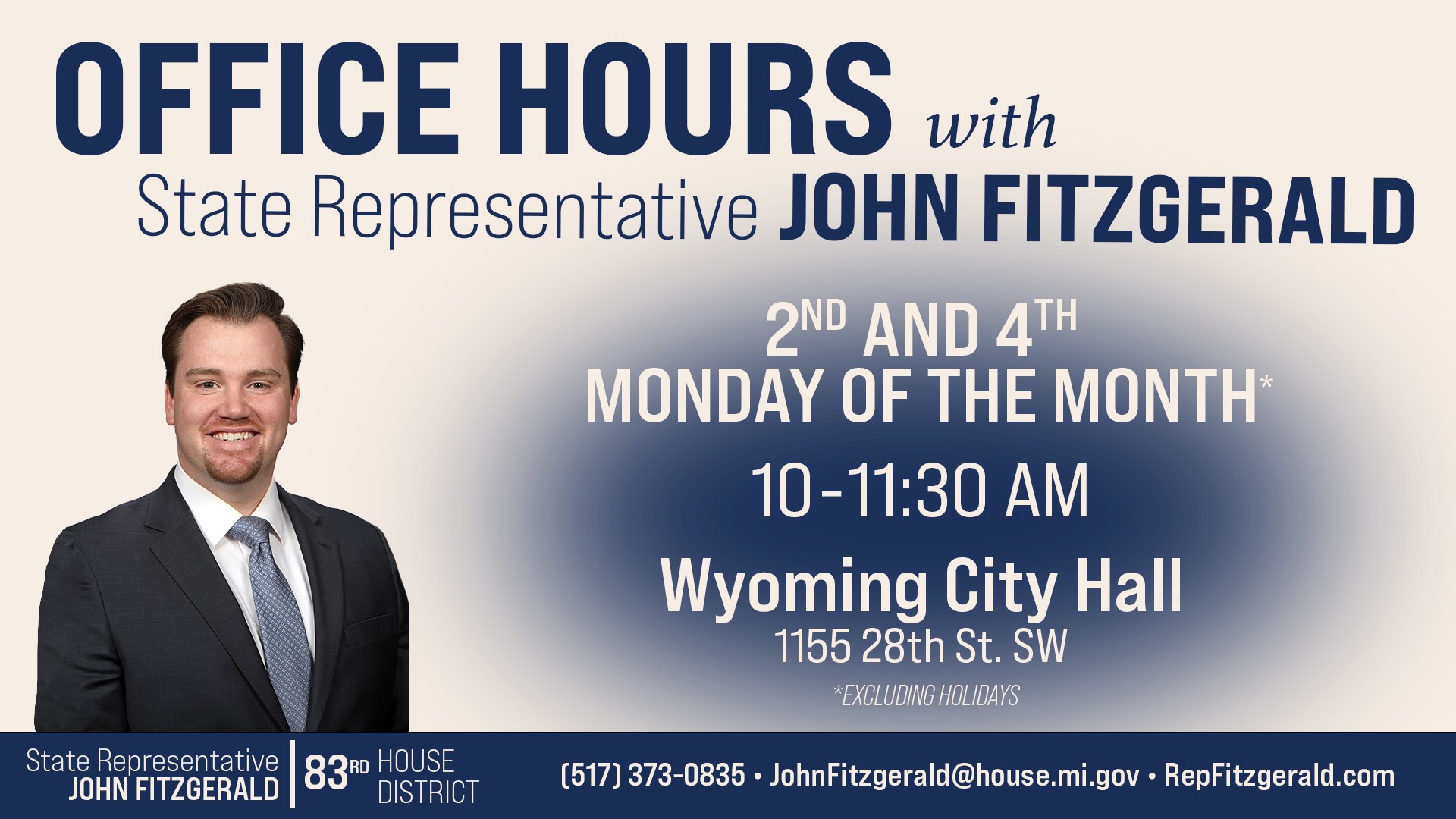 A graphic from Michigan state Representative John Fitzgerald advertising his office hours on the second and fourth Monday of the month from 10 to 11:30 AM in Wyoming city Hall.