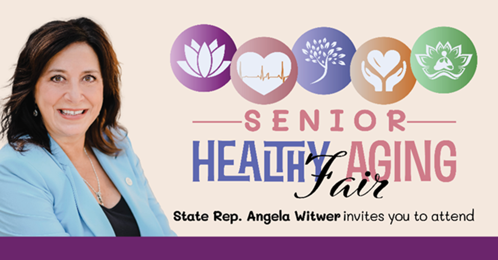 A graphic advertising Michigan state Representative Angela Witwer's upcoming Senior Healthy Aging Fair.