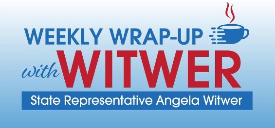 A blue and read graphic featuring a cartoon coffee cup that reads "Weekly Wrap Up with Witwer"