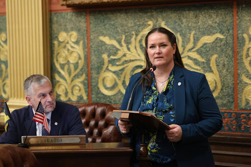 State Rep. Carrie Rheingans speaking on the House floor on Wednesday, April 23, 2025, at the Capitol Building in Lansing.