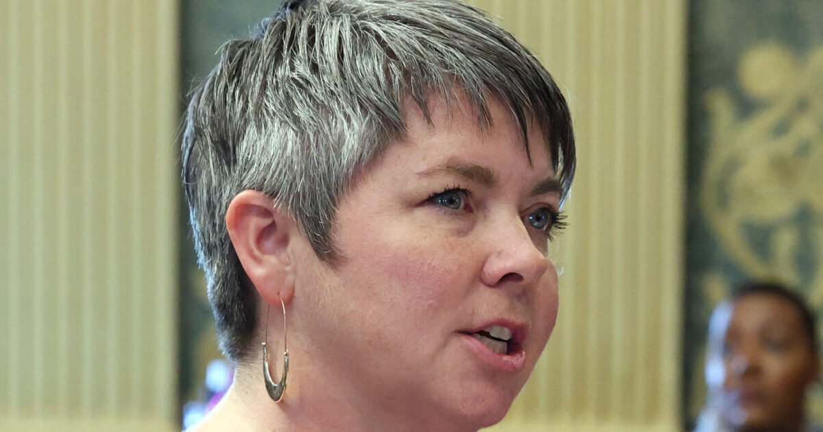 State Rep. Betsy Coffia speaking on the House Floor on Wednesday, May 14, 2025, at the Capitol building in Lansing.