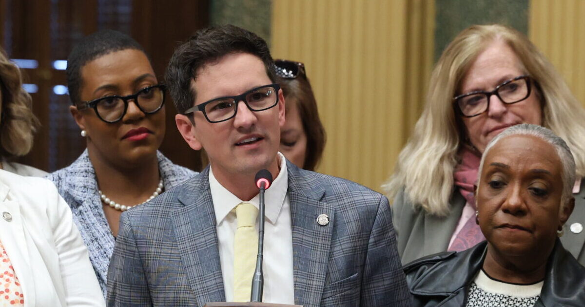 State Rep. Jason Morgan (D-Ann Arbor) speaking on the House floor in support of his resolution to recognize Community Colleges Month on Thursday, April 17, 2025, at the Capitol building in Lansing.