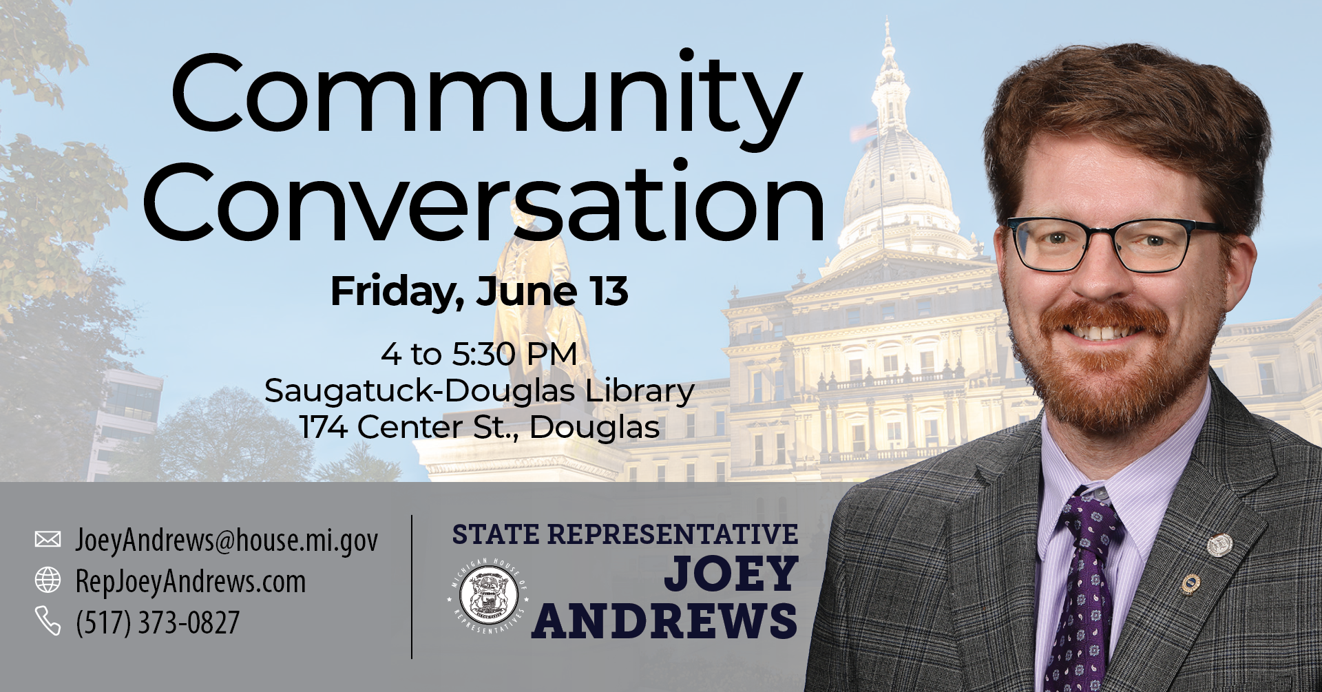 Flyer for Rep Andrews Community Conversation Hour