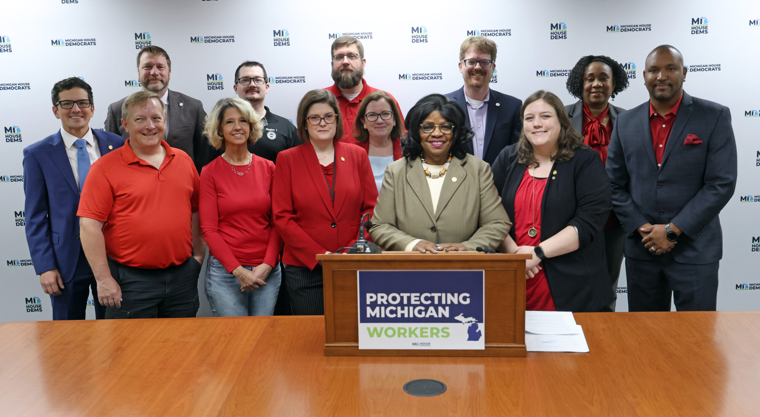 Rep Andrews at a press conference on Protecting Michigan Workers