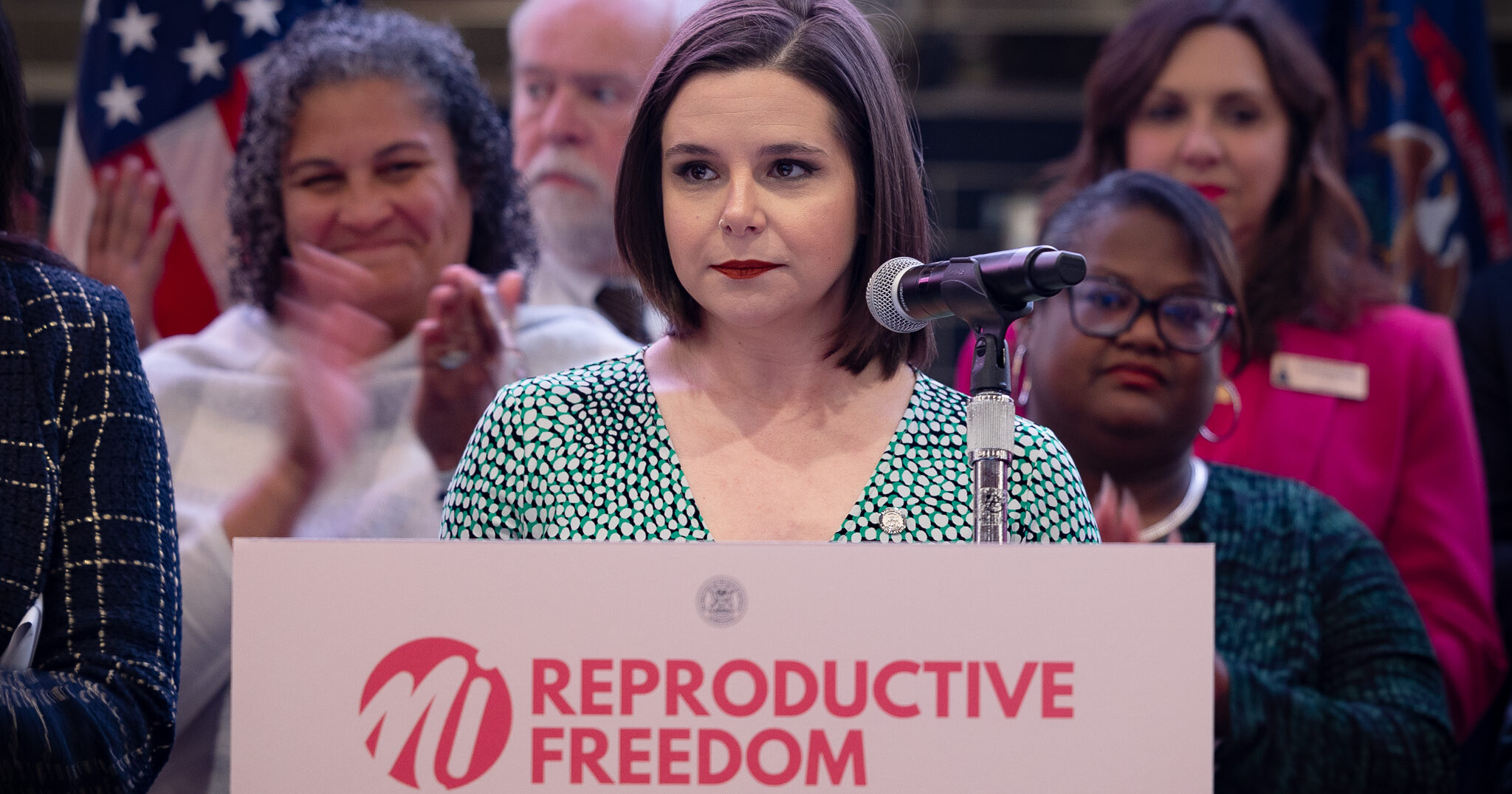 State Rep. Laurie Pohutsky speaks at a reproductive freedom event