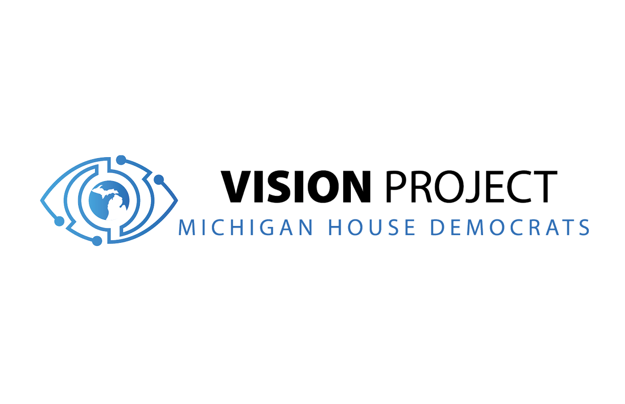 Vision project horizontal_logo Logo for Michigan House Democrats' Vision Project. At left, eye icon with a silhouette of the state of Michigan in the pupil.