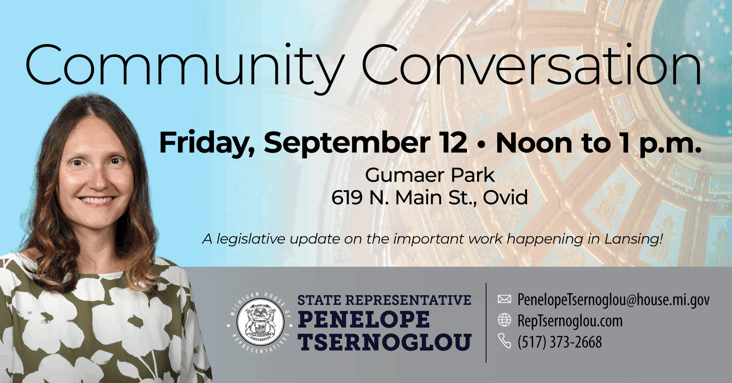 Flyer advertising Community Conversation hour with State Rep. Tsernoglou on Friday, September 12 from noon to 1 p.m. at Gumaer Park 619 N. Main Street, Ovid