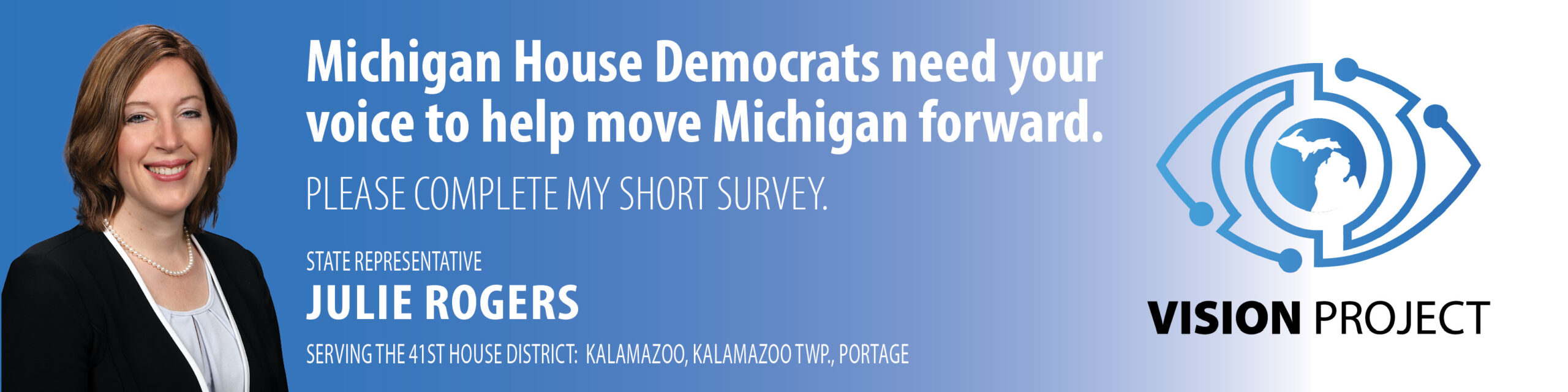 "Michigan House Democrats need your voice to help move Michigan forward. Please complete our short survey." At right, image of an eye with a silhouette of the state of Michigan in the pupil.