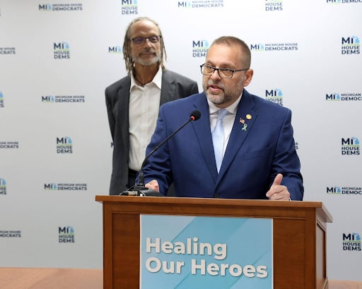 State Rep. Mike McFall speaking at his Psilocybin PTSD Decriminalization press conference on Wednesday, June 25, 2025, at the Anderson House Office Building in Lansing.
