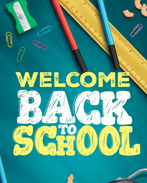 A graphic with images of cartoon paper clips, pencils and a ruler that reads "Welcome Back to School."