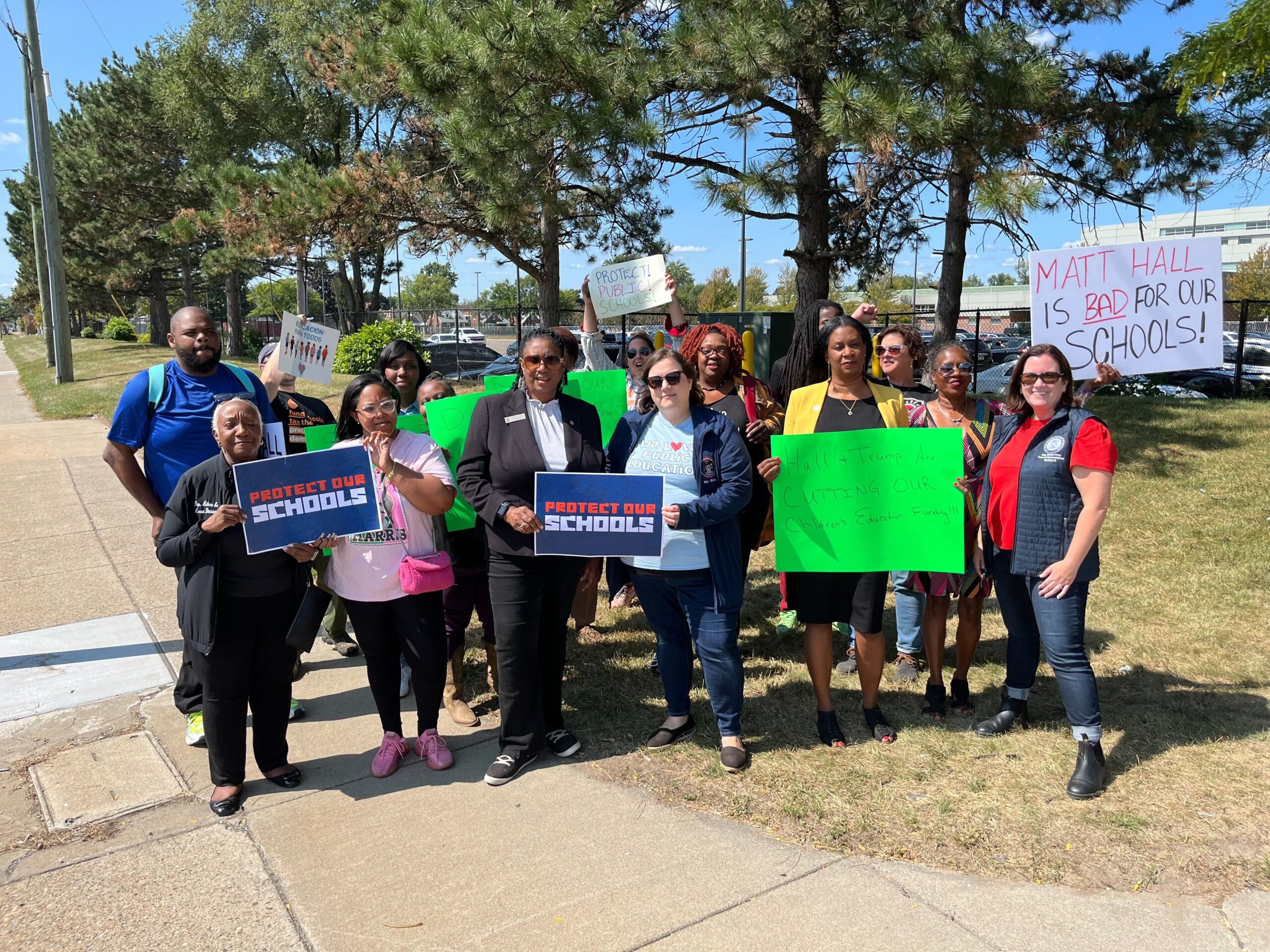 State Rep. Regina Weiss standing with other elected officials and community members outside of Renaissance High School on Monday, Sept. 8, 2025.