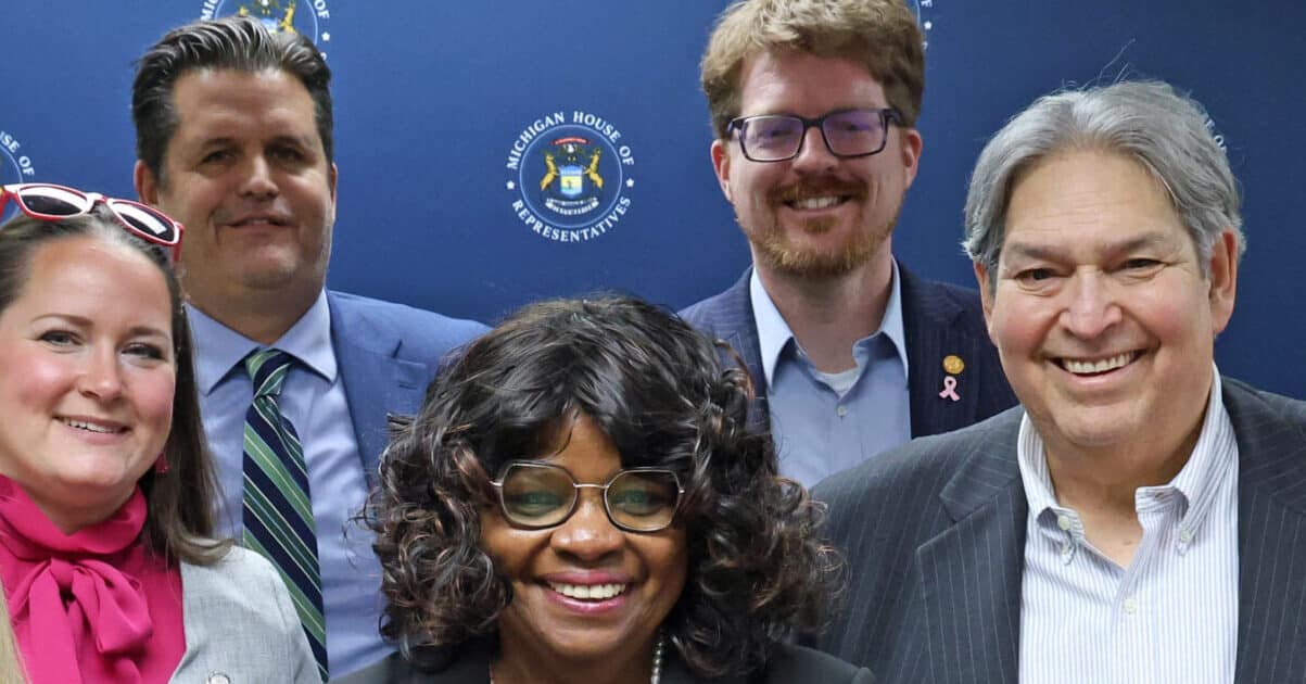 Members of the Labor Caucus and industry experts standing together at the Workers’ Compensation press conference on Thursday, Oct. 30, at the Anderson House Office Building in Lansing.