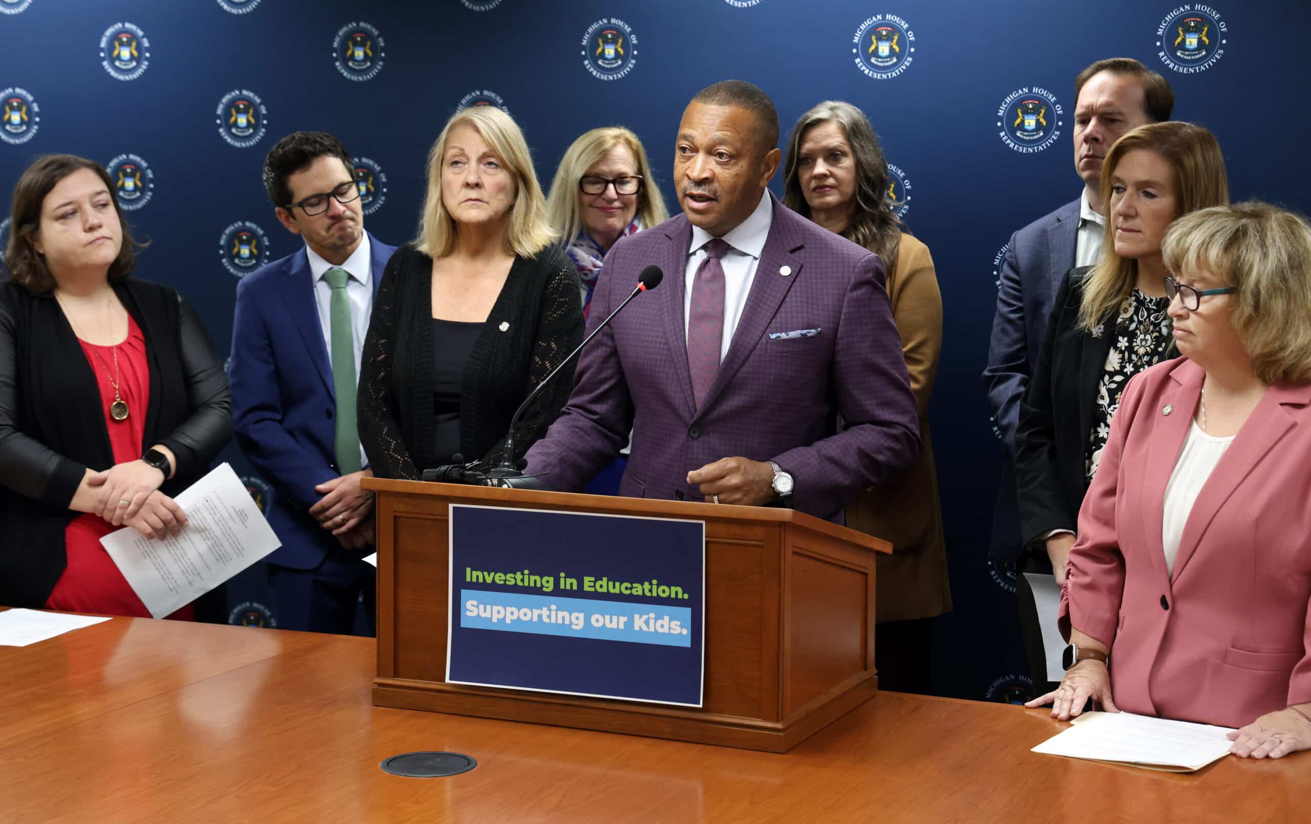 State Rep. Tyrone Carter speaks at a press conference on Investing in Education and supporting our kids