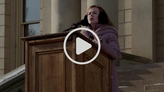 State Rep. Erin Byrnes delivers speech on the capitol steps