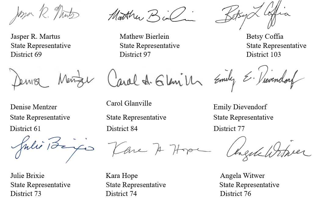 signatures of State Reps. Jasper Martus, Matthew Bierlien, Betsy Coffia, Denise Mentzer, Carol Glanville, Emily Dievendorf, Julie Brixie, Kara Hope and Angela Witwer