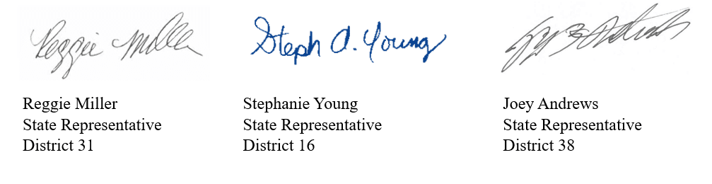 Signatures of State Reps. Reggie Miller, Stephanie Young and Joey Andrews