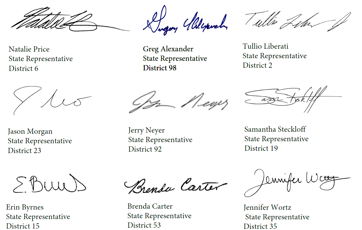 Signatures of State Reps. Natalie Price, Greg Alexander, Tullio Liberati, Jason Morgan, Jerry Neyer, Samantha Steckloff, Erin Byrnes, Brenda Carter and Jennifer Wortz